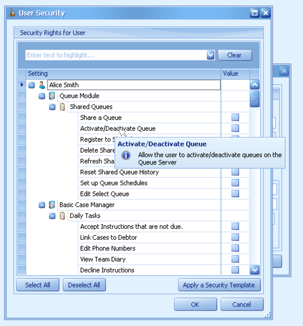 Specifying a user’s security rights