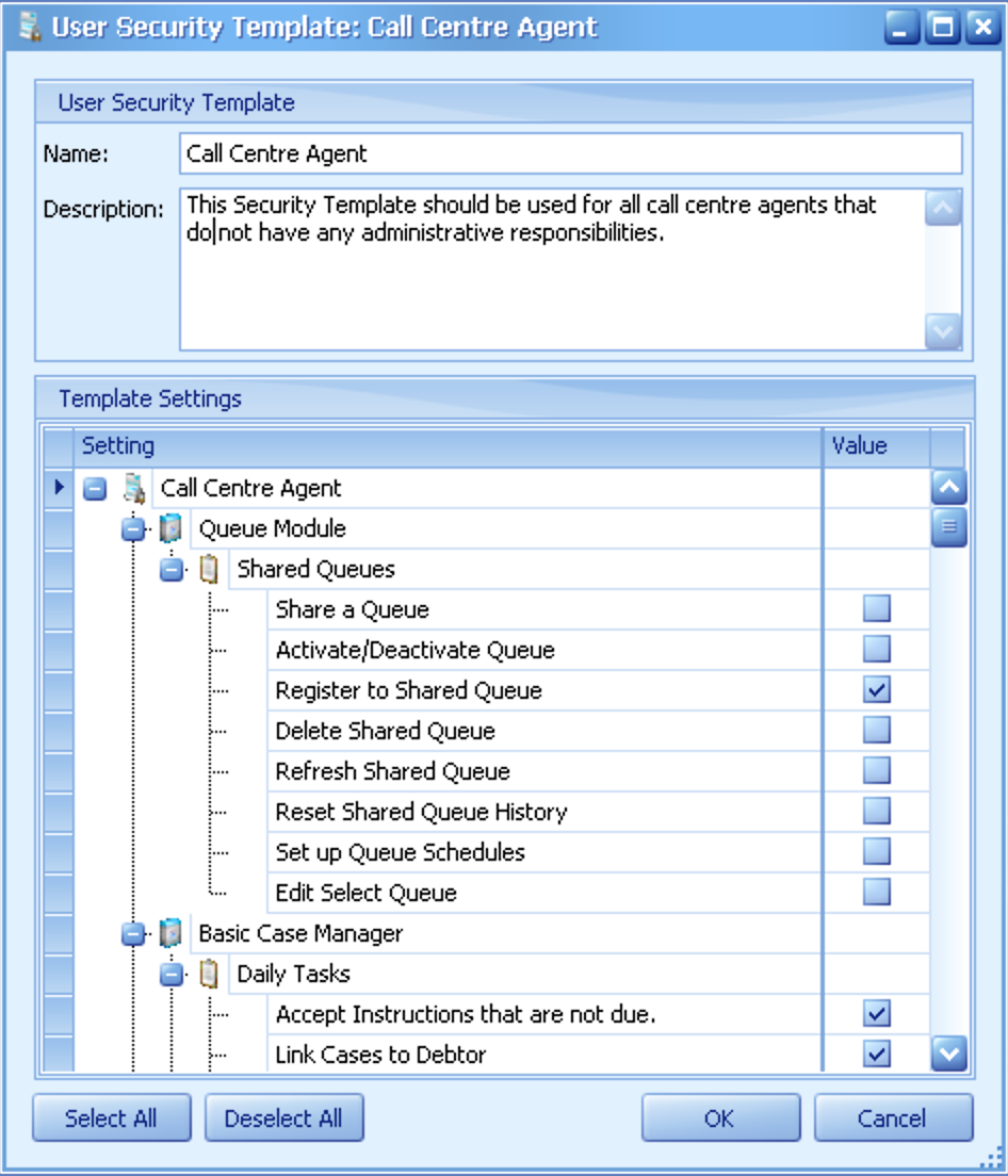 Creating or editing a security template