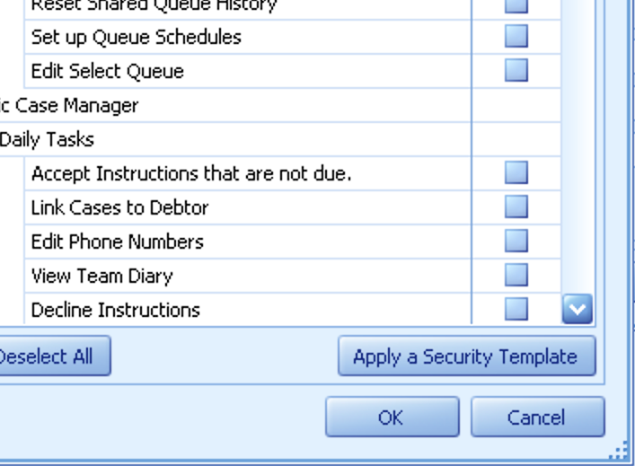 Applying a security template to a selected user