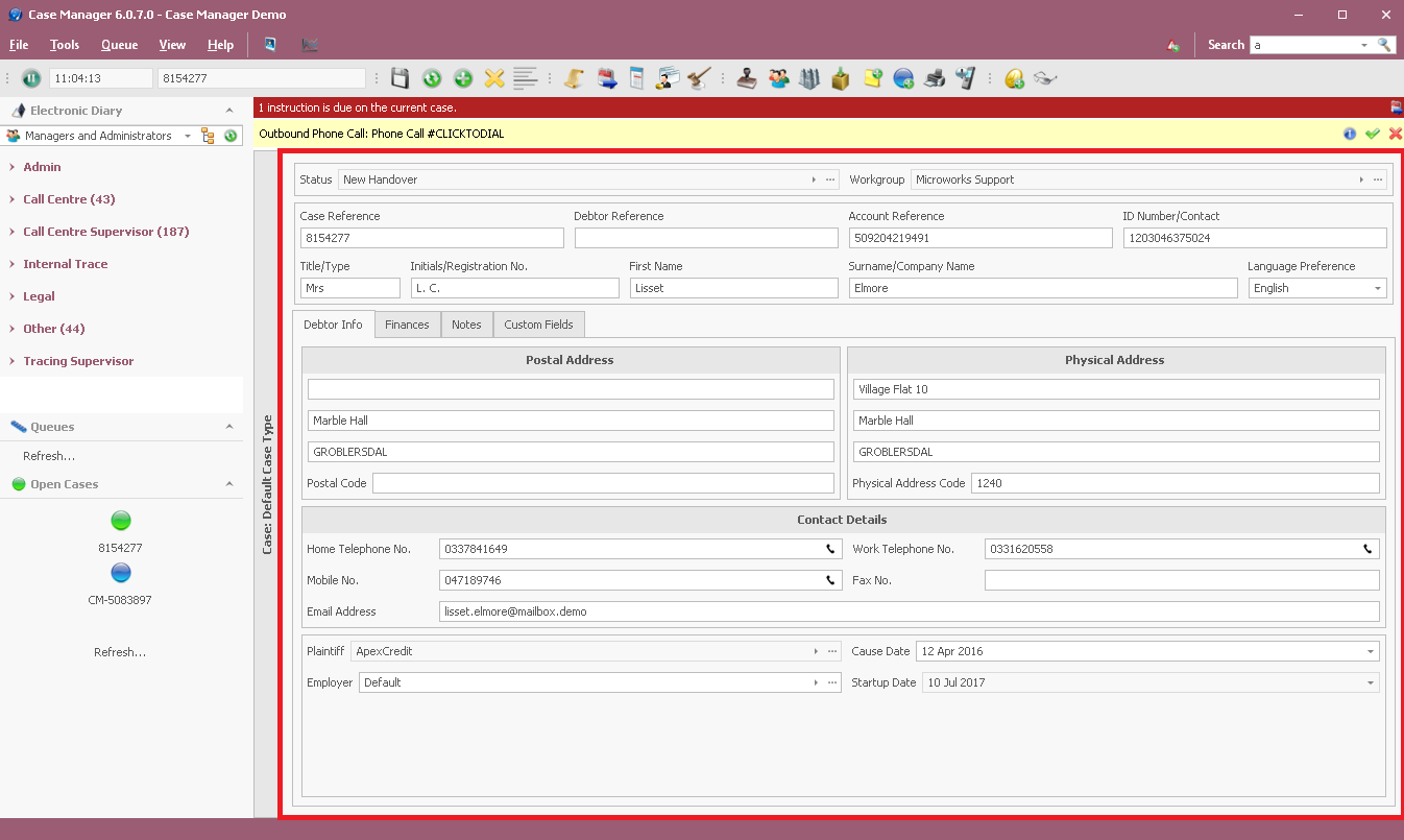 Case Manager UI Case Data Section