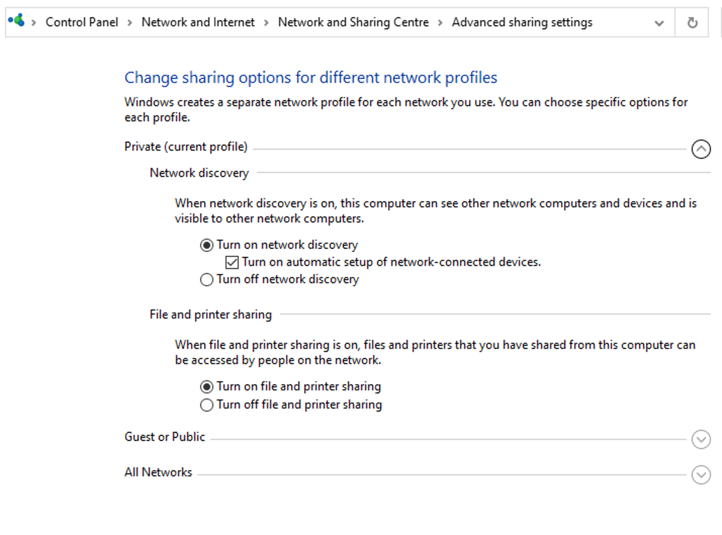 Windows 10 - Advanced Sharing Options