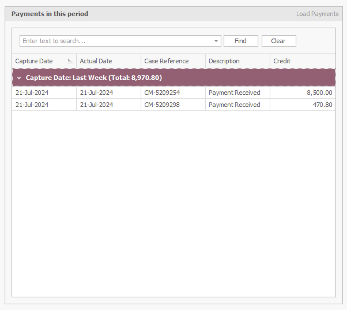 Payments in the period grid